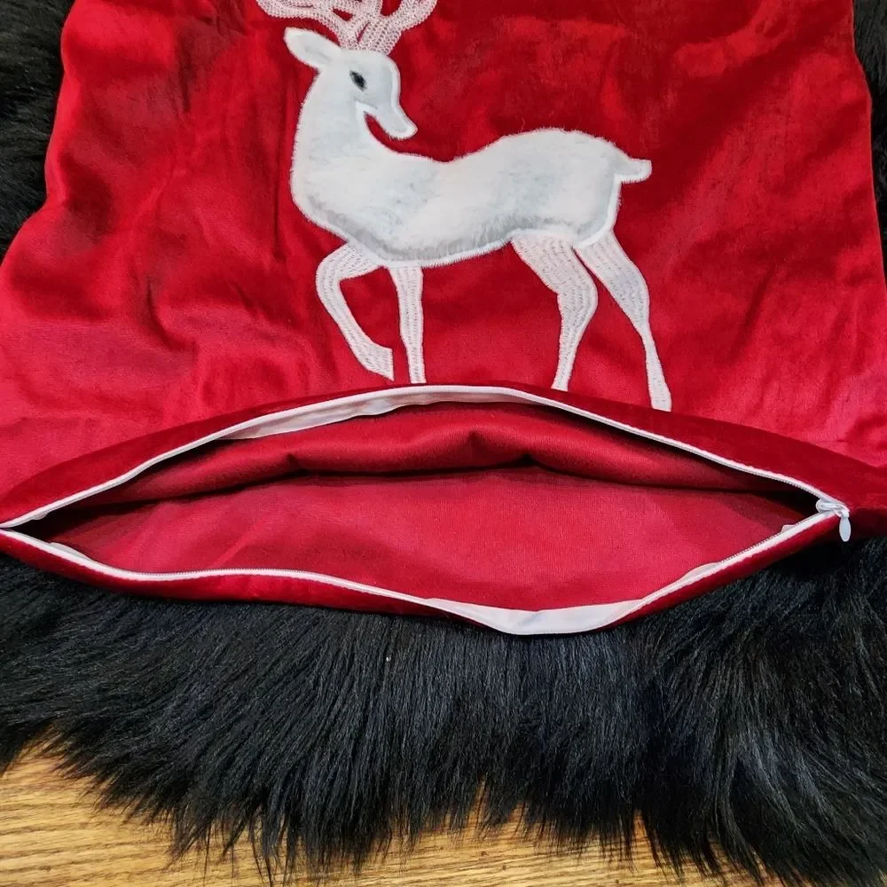 Royal Red Christmas Throw Pillow Cover with White Faux Fur Embroidered Reindeer